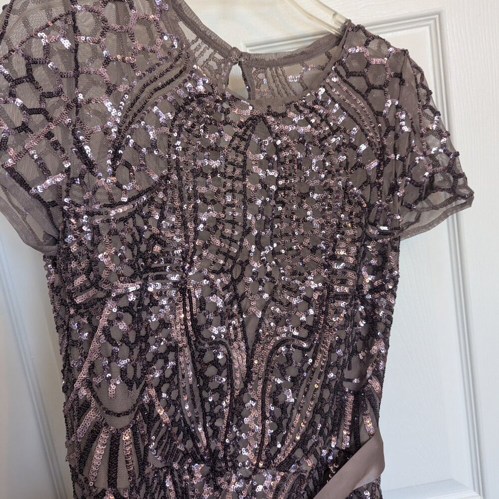 SEQUIN LACE & ILLUSION | Godet A-Line Dress | 12 | WORN 1x | Mauve \ Gatsby 1920 - Picture 4 of 11